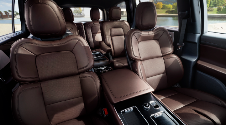 The cabin of the 2025 Lincoln Aviator® SUV is shown with black and brown accents. | Stivers Lincoln (AL) in Montgomery AL