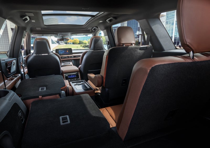The interior of the 2025 Lincoln Aviator® SUV is shown with two seats folded down for added space. | Stivers Lincoln (AL) in Montgomery AL