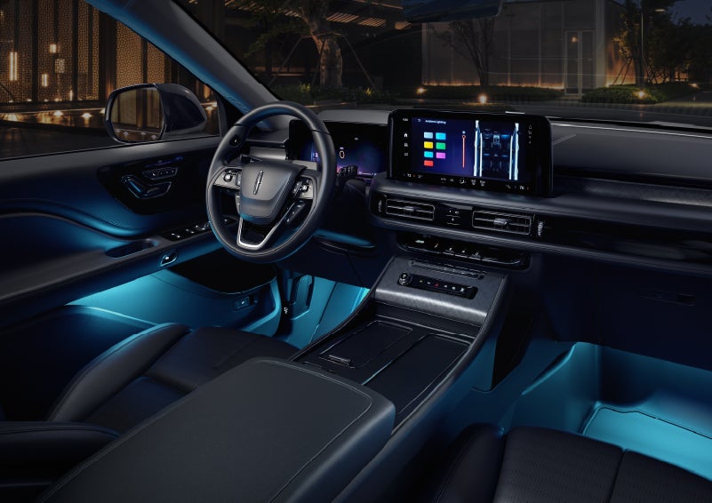 Deep blue ambient lighting glows from various places within a 2026 Lincoln Aviator® SUV. | Stivers Lincoln (AL) in Montgomery AL