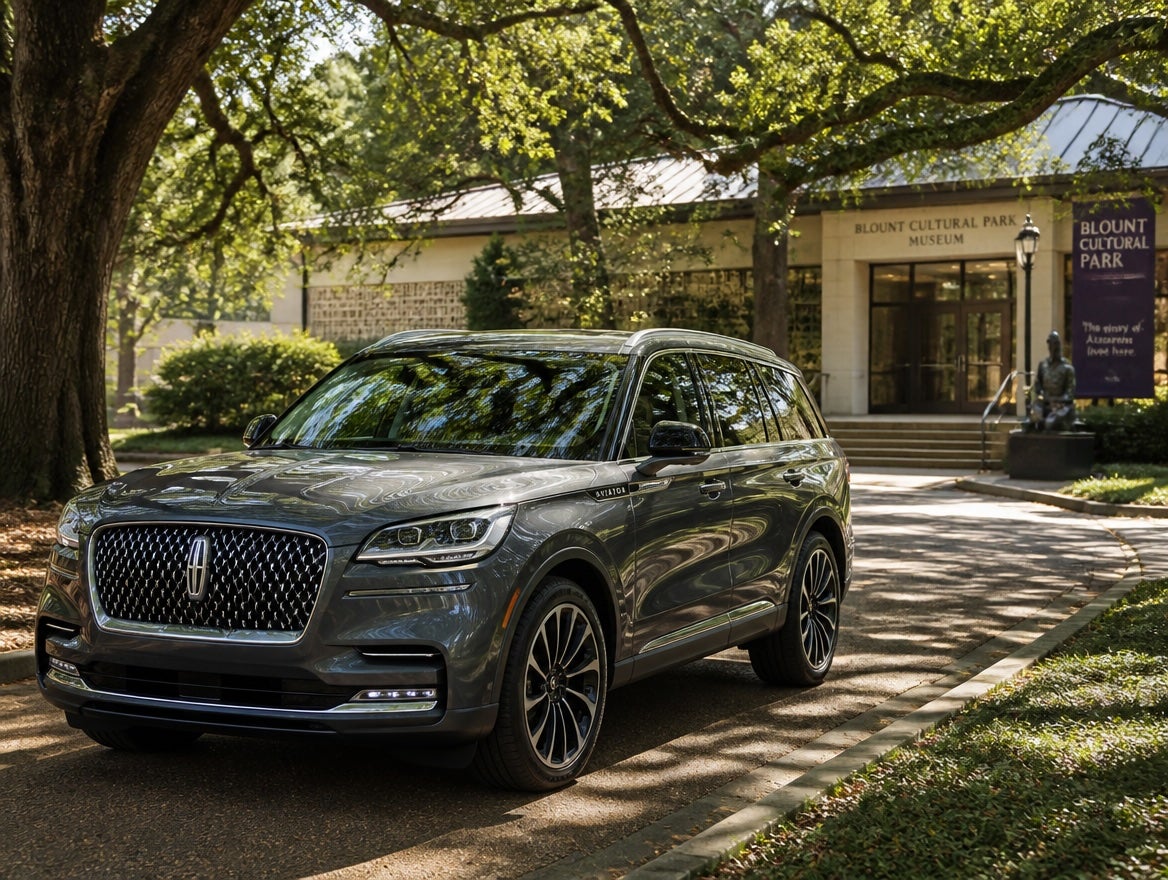 2026 Lincoln Aviator parked in the shade at Blount Cultural Park near the Montgomery Museum of Fine Arts
