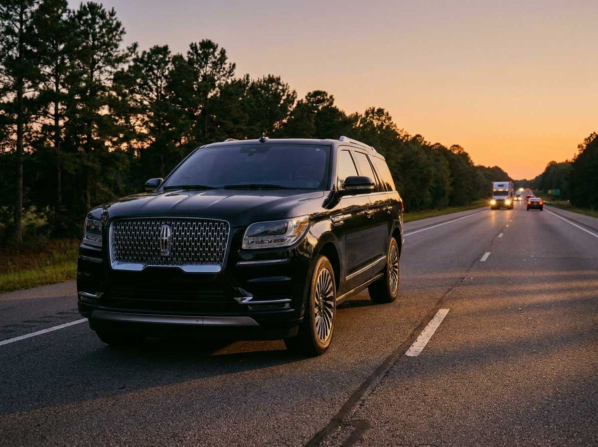 2026 Lincoln Navigator on I-65 in Alabama during game-day traffic at sunset