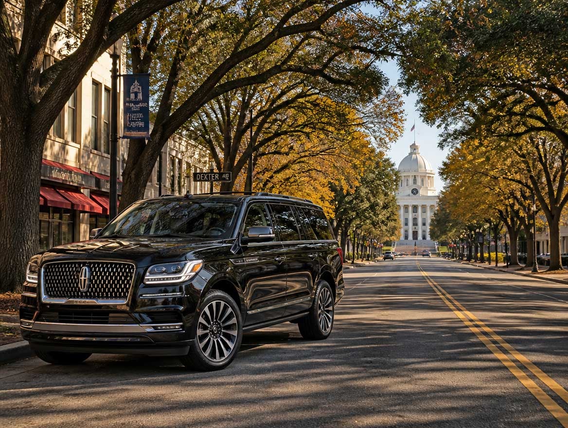 2026 Lincoln Navigator on Dexter Avenue in historic downtown Montgomery, Alabama, with the Alabama State Capitol visible in the background