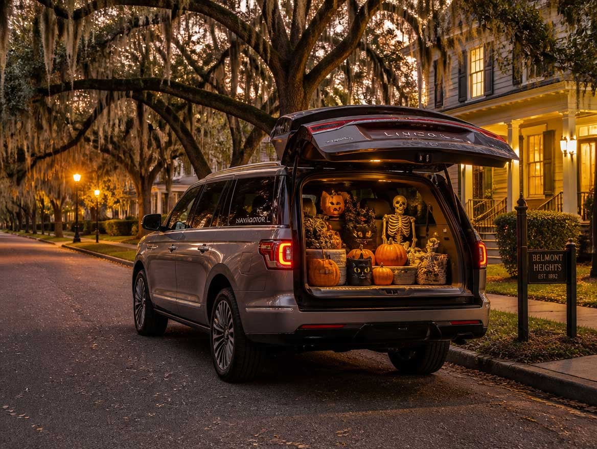 2026 Lincoln Navigator L with open liftgate loaded with Halloween supplies parked on a tree-lined Montgomery Alabama street at dusk