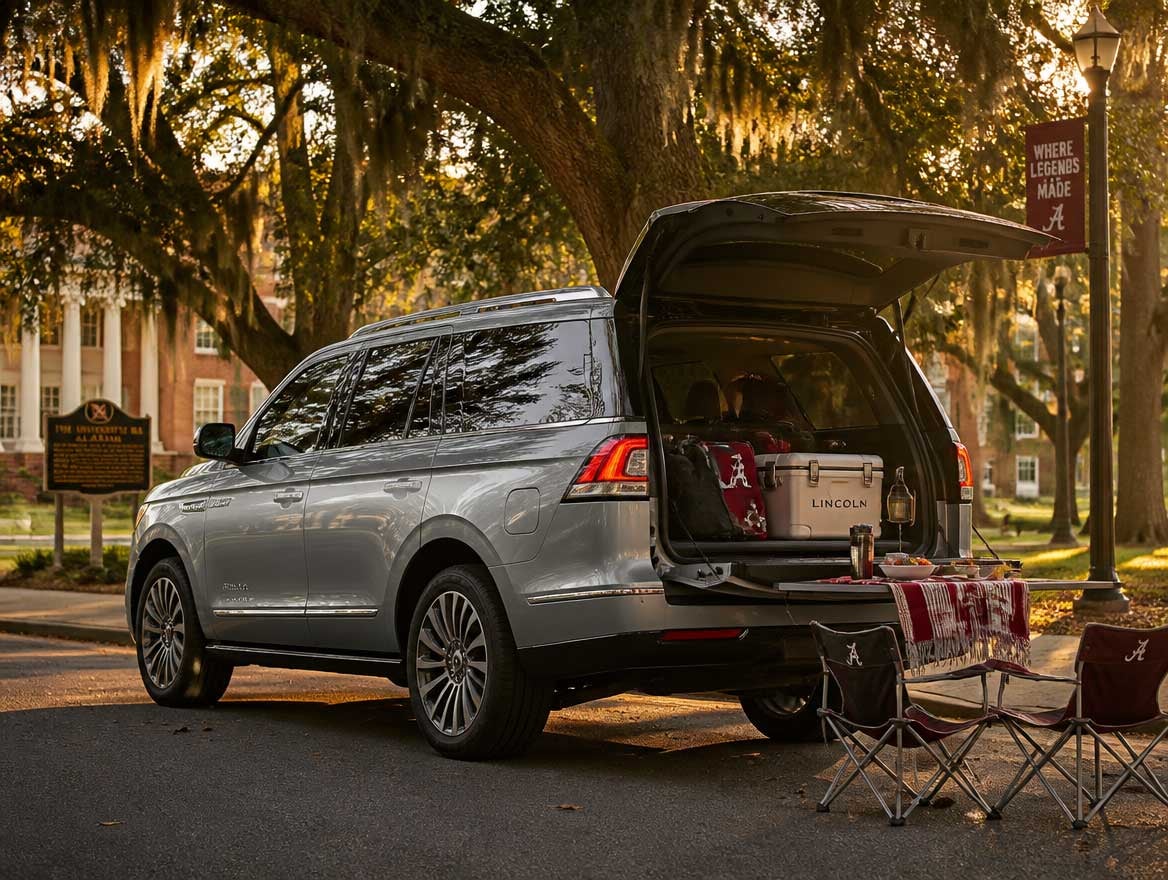 2026 Lincoln Navigator with tailgate open loaded for a game-day trip from Montgomery to Tuscaloosa
